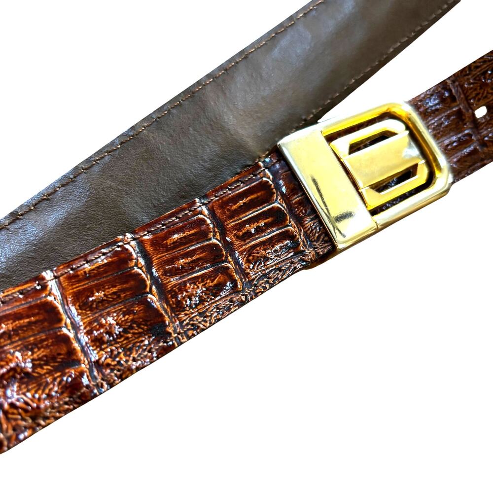 Arena Norway brown leather belt gold buckle 34" moc croc alligator finish 1990's
